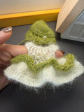 Handmade Green & White Crochet Hooded Dress for Dolls – Pearl Beaded Mini Dress