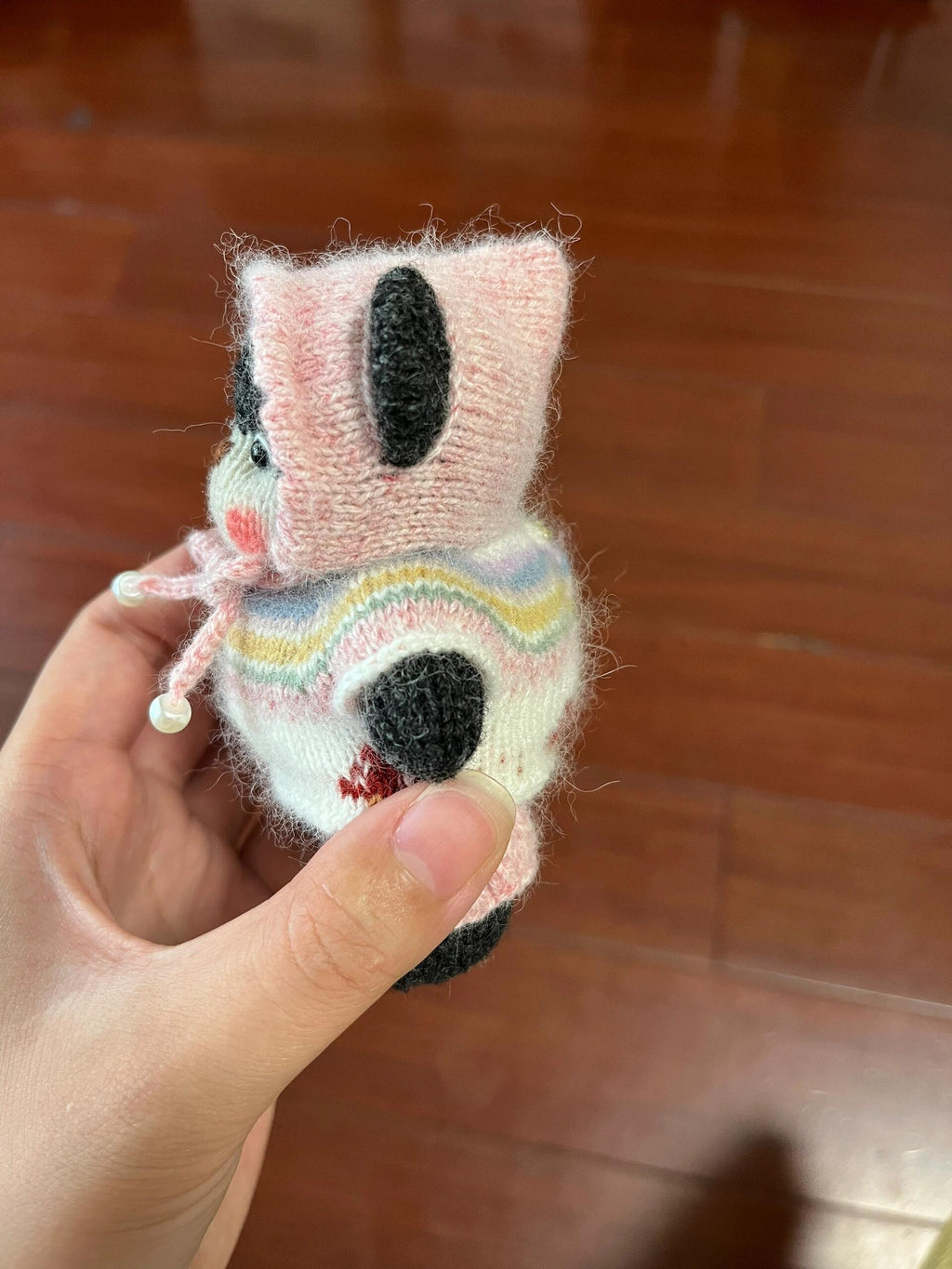 Hand-Knitted Bear in Pastel Rainbow Outfit & Bonnet | Handmade Cottagecore Plushie | 10–16cm Collectible Knit Teddy