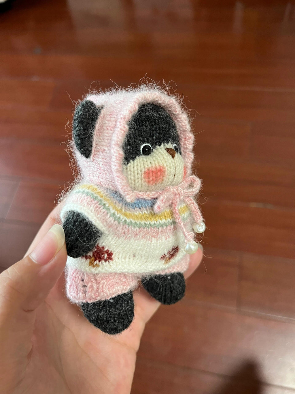 Hand-Knitted Bear in Pastel Rainbow Outfit & Bonnet | Handmade Cottagecore Plushie | 10–16cm Collectible Knit Teddy