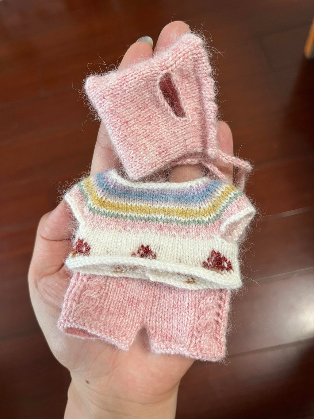 Hand-Knitted Bear in Pastel Rainbow Outfit & Bonnet | Handmade Cottagecore Plushie | 10–16cm Collectible Knit Teddy