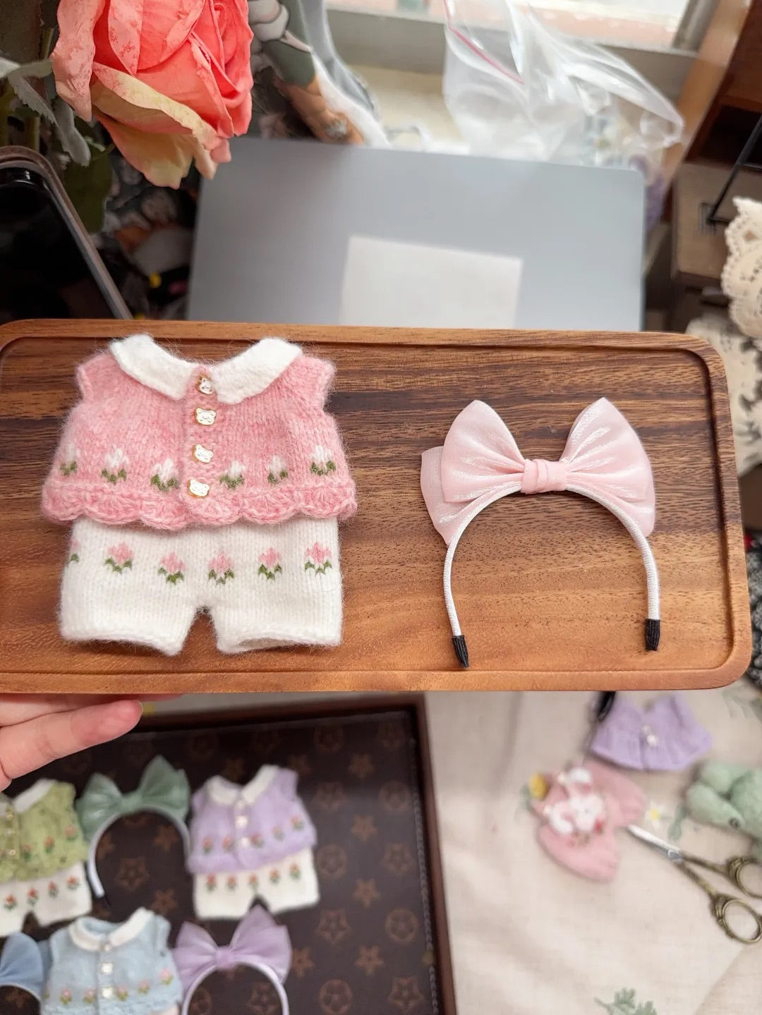 Hand-Knitted Doll Outfit 3-Piece Set for 15cm Plush | Floral Top, Bloomers & Bow Headband | Handmade Cottagecore