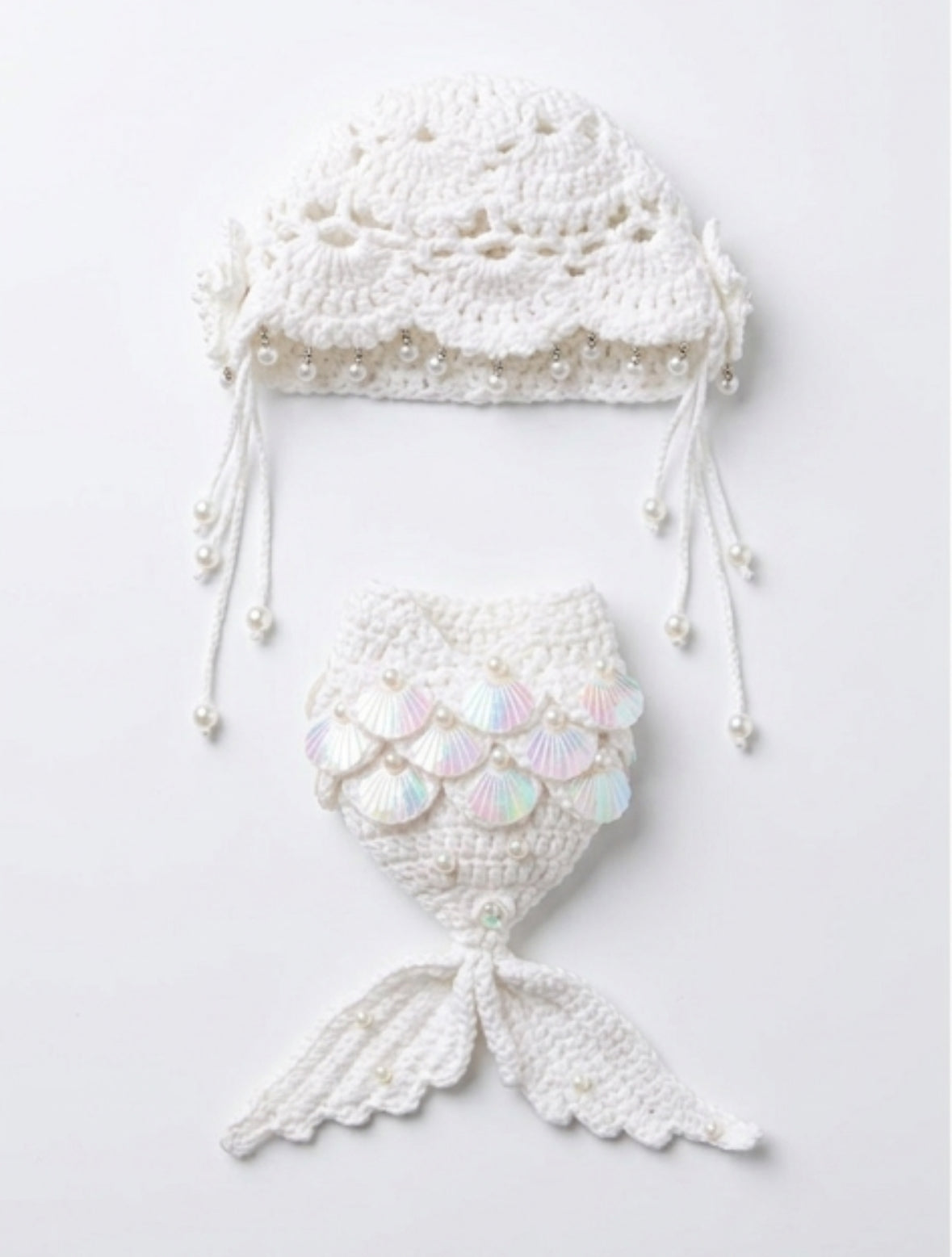 Handmade Crochet Mermaid Doll Outfit 2-Piece Set | 15cm Doll Clothes | Pearl & Shell Tail with Lace Hood