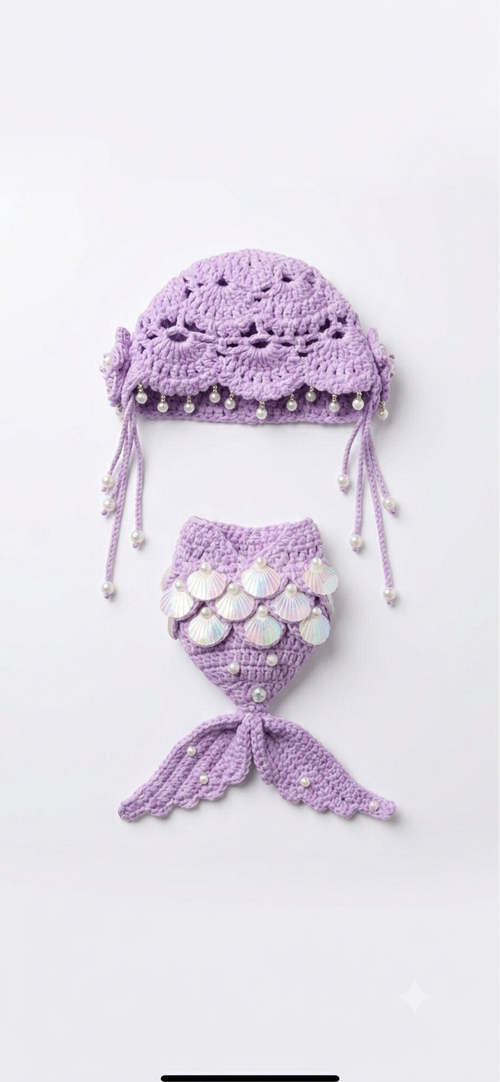 Handmade Crochet Mermaid Doll Outfit 2-Piece Set | 15cm Doll Clothes | Pearl & Shell Tail with Lace Hood