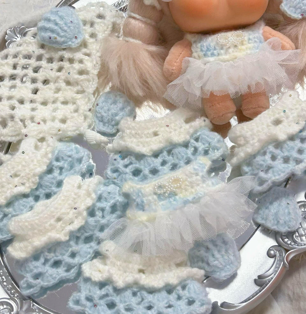 Handmade Crochet Blue Doll Dress | 15cm Doll Clothes | Pearl Bow Tulle Dress