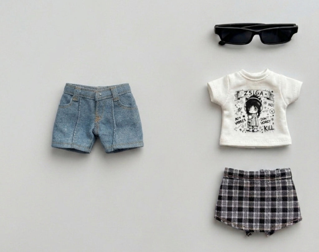 Handmade Cool Girl Doll Outfit 4-Piece Set for Zsiga 20cm – Graphic Tee, Denim Shorts, Plaid Shirt & Sunglasses