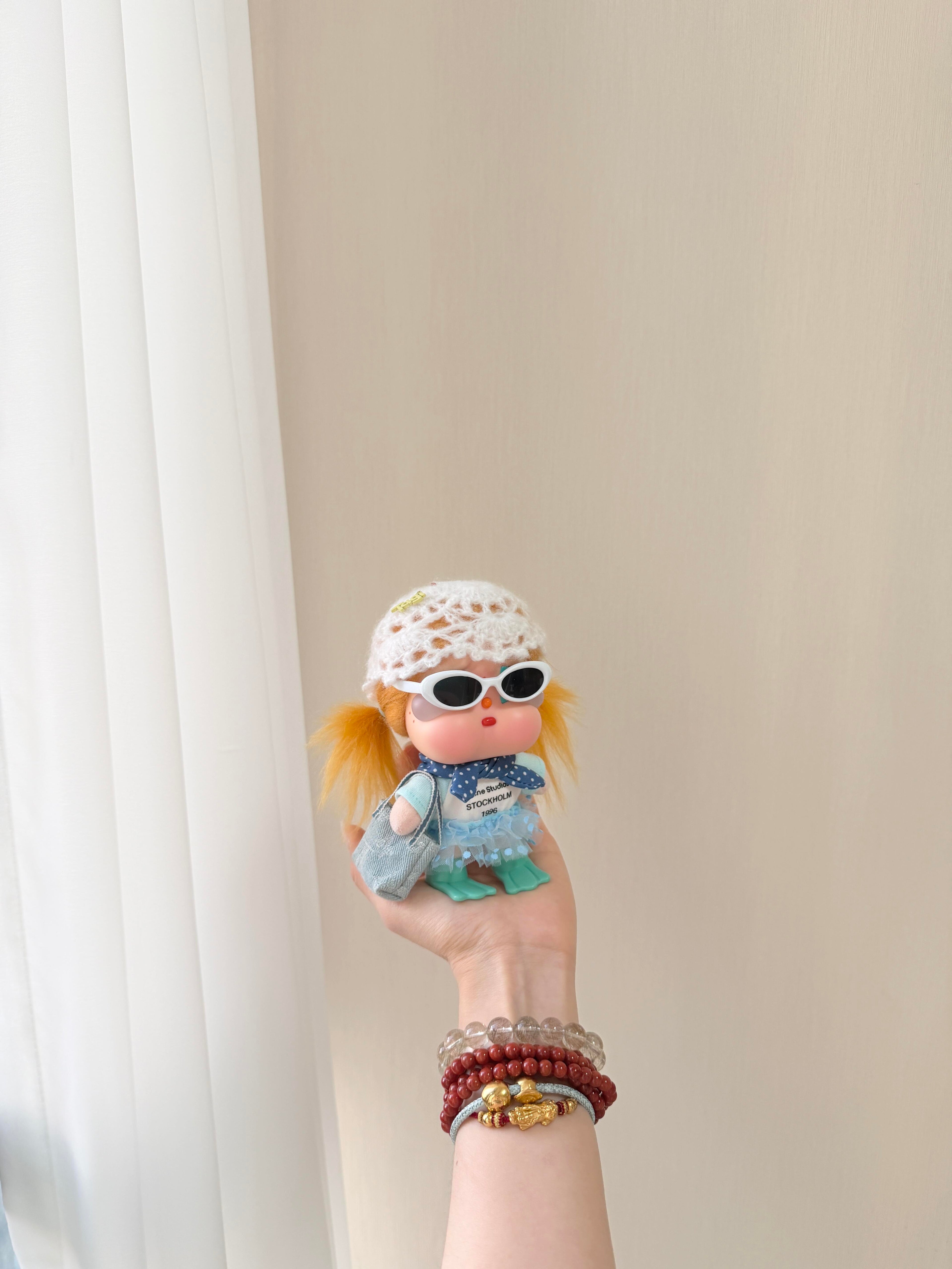 Handmade Summer Doll Outfit 7-Piece Set – Knit Hat, Sunglasses, Tee, Scarf, Polka Lace Skirt, Denim Bag & Shoes