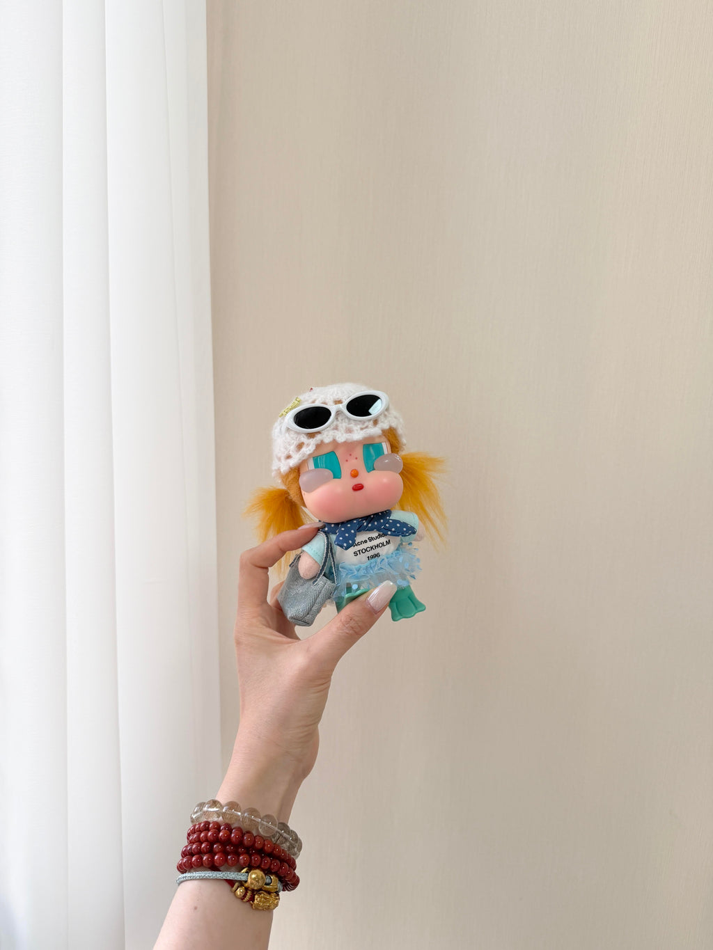 Handmade Summer Doll Outfit 7-Piece Set – Knit Hat, Sunglasses, Tee, Scarf, Polka Lace Skirt, Denim Bag & Shoes