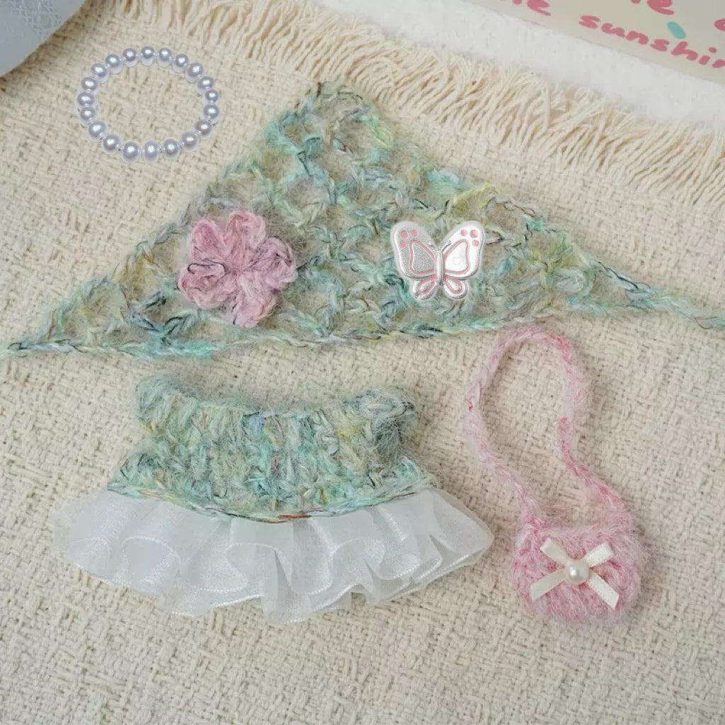 Handmade Fairycore Mohair Doll Outfit 4-Piece Set – Triangle Scarf, Lace Collar, Pink Pearl Bag & Bracelet for