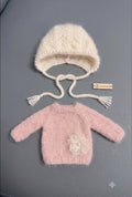 Handmade Mohair Doll Outfit 2-Piece Set – Cream Knit Bonnet & Pink Flower Sweater for Blythe & 1/6 Dolls