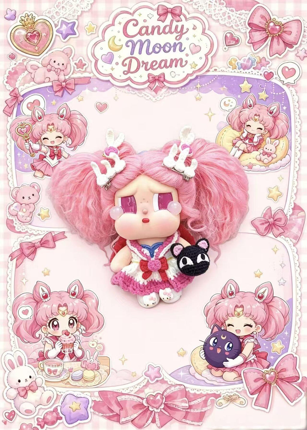 Handmade Crochet Sailor Moon Inspired Doll Outfit Set — Magical Girl Sailor Dress with Bunny Hair Clips, Black Cat & Shoes