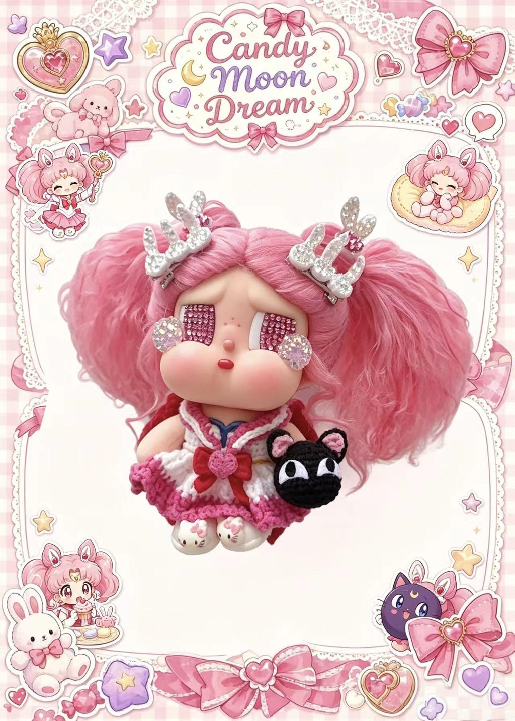 Handmade Crochet Sailor Moon Inspired Doll Outfit Set — Magical Girl Sailor Dress with Bunny Hair Clips, Black Cat & Shoes