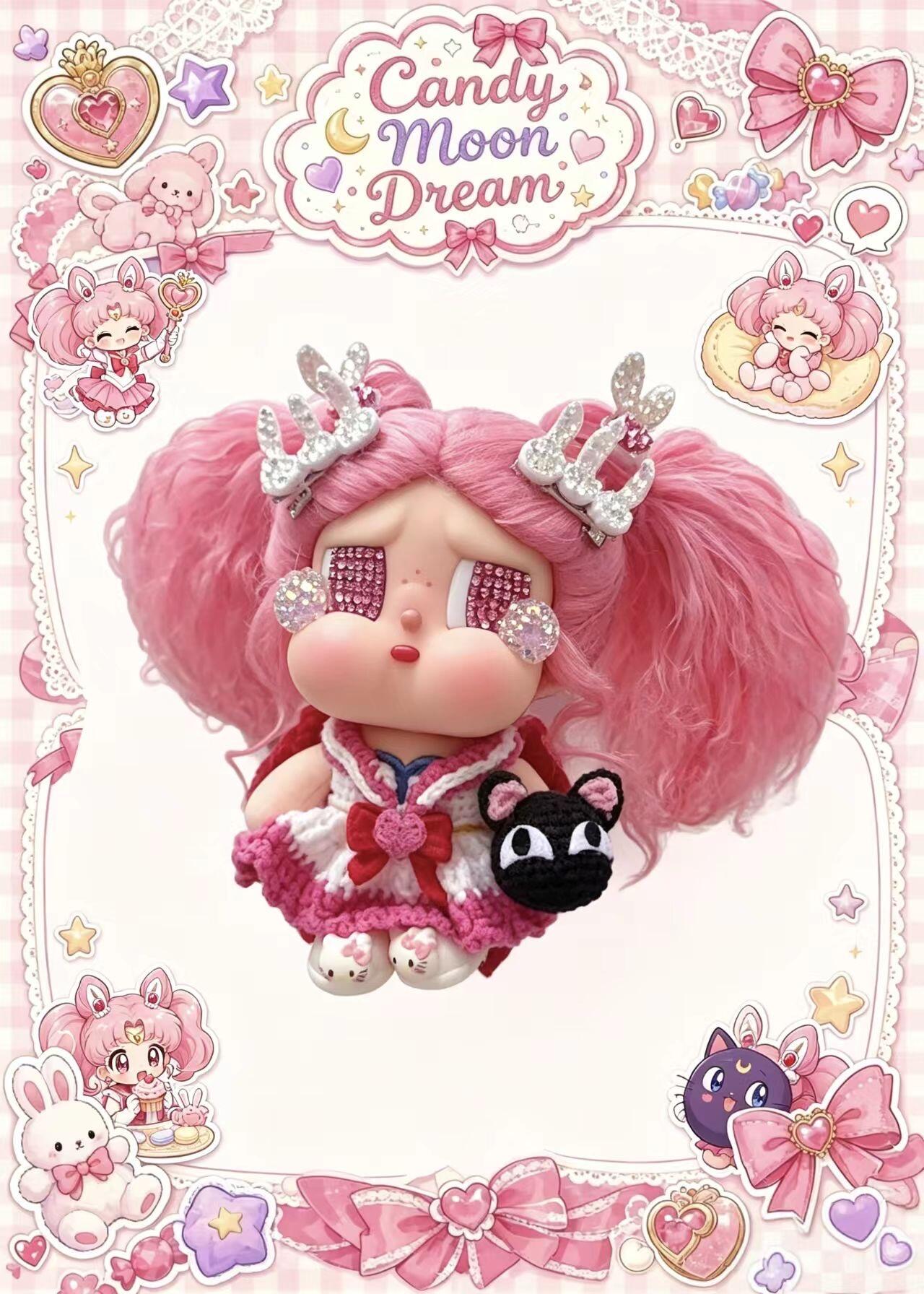 Handmade Crochet Sailor Moon Inspired Doll Outfit Set — Magical Girl Sailor Dress with Bunny Hair Clips, Black Cat & Shoes