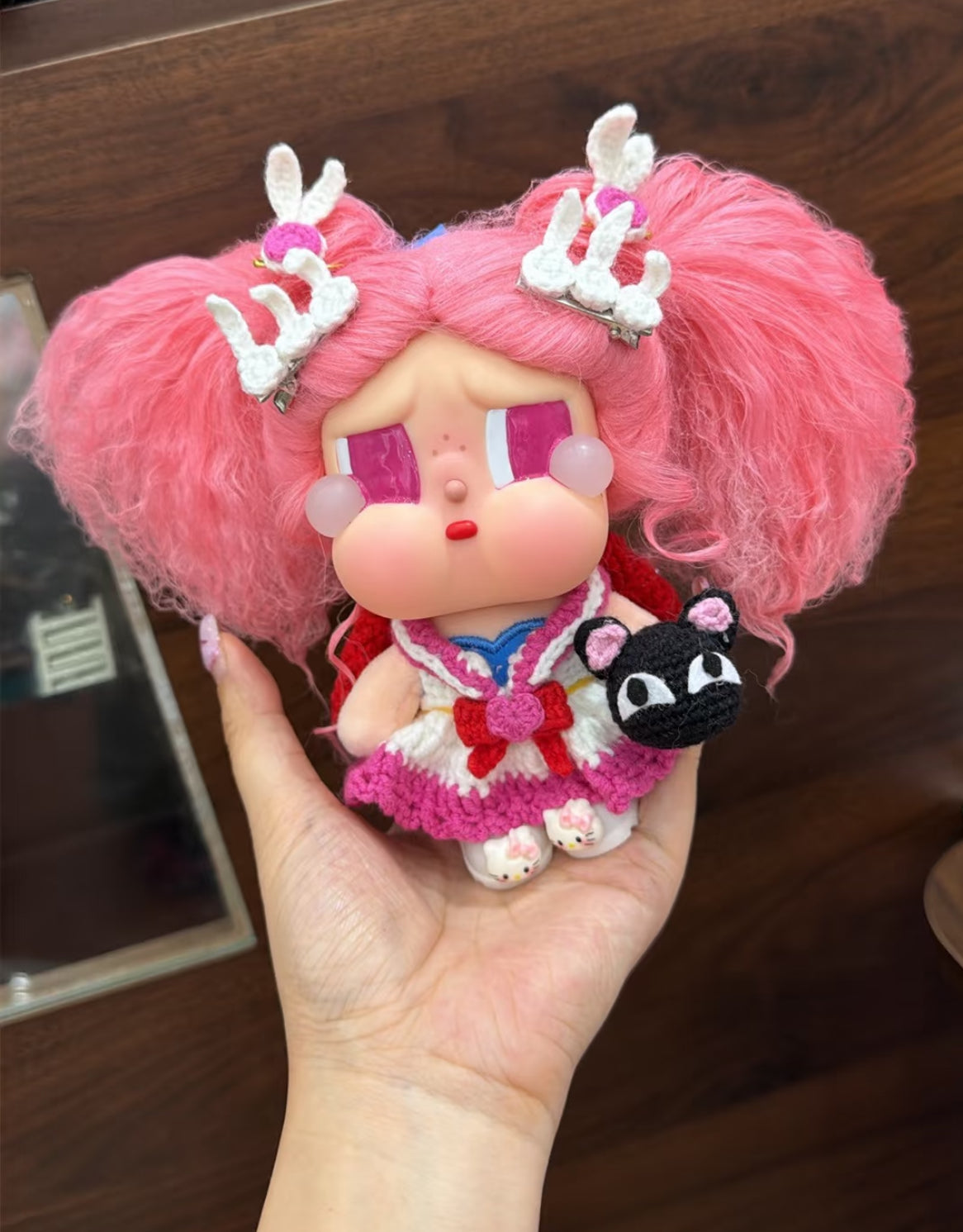 Handmade Crochet Sailor Moon Inspired Doll Outfit Set — Magical Girl Sailor Dress with Bunny Hair Clips, Black Cat & Shoes