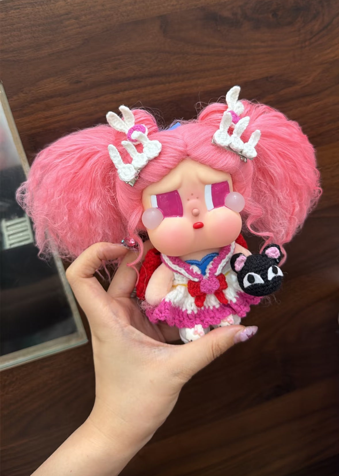 Handmade Crochet Sailor Moon Inspired Doll Outfit Set — Magical Girl Sailor Dress with Bunny Hair Clips, Black Cat & Shoes