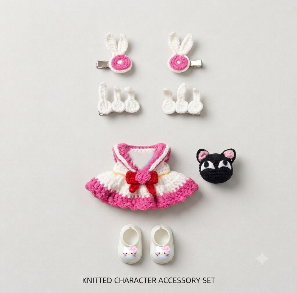 Handmade Crochet Sailor Moon Inspired Doll Outfit Set — Magical Girl Sailor Dress with Bunny Hair Clips, Black Cat & Shoes