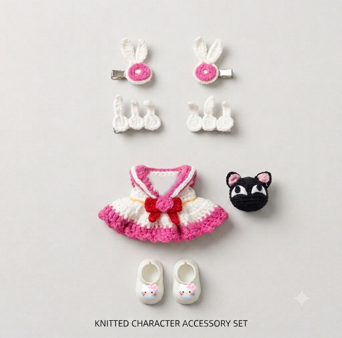 Handmade Crochet Sailor Moon Inspired Doll Outfit Set — Magical Girl Sailor Dress with Bunny Hair Clips, Black Cat & Shoes
