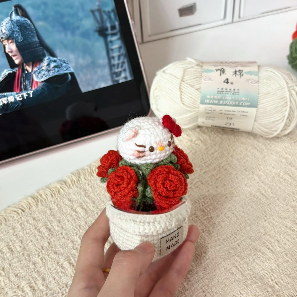 Crochet Red Rose Potted Arrangement | Hand-Crocheted Flowers That Never Wilt