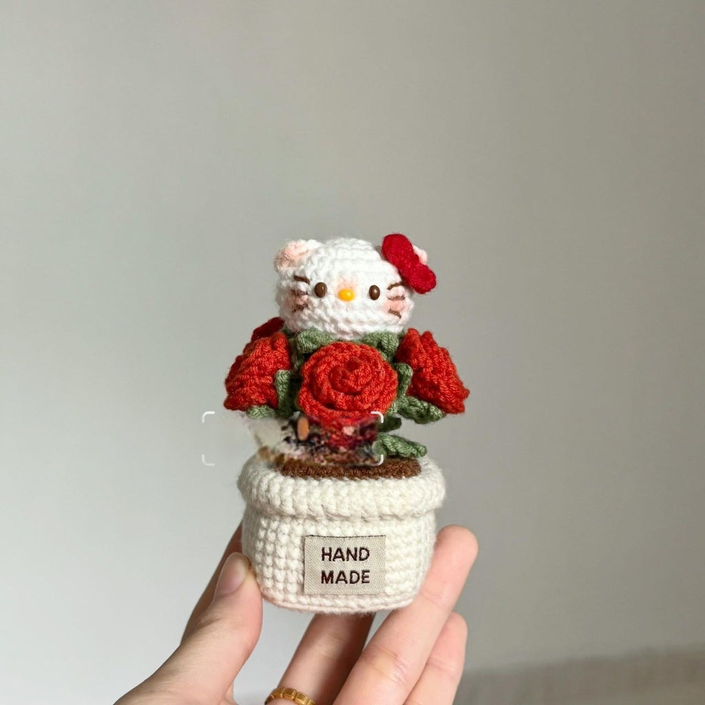 Crochet Red Rose Potted Arrangement | Hand-Crocheted Flowers That Never Wilt