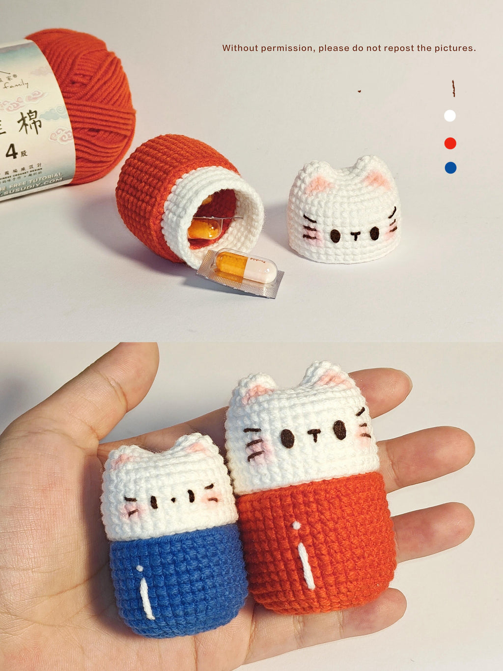 Handmade Crochet Cat Pill Box | Cute Kitty Mini Storage Container | Portable Pill/Jewelry Case (Blue/Orange)