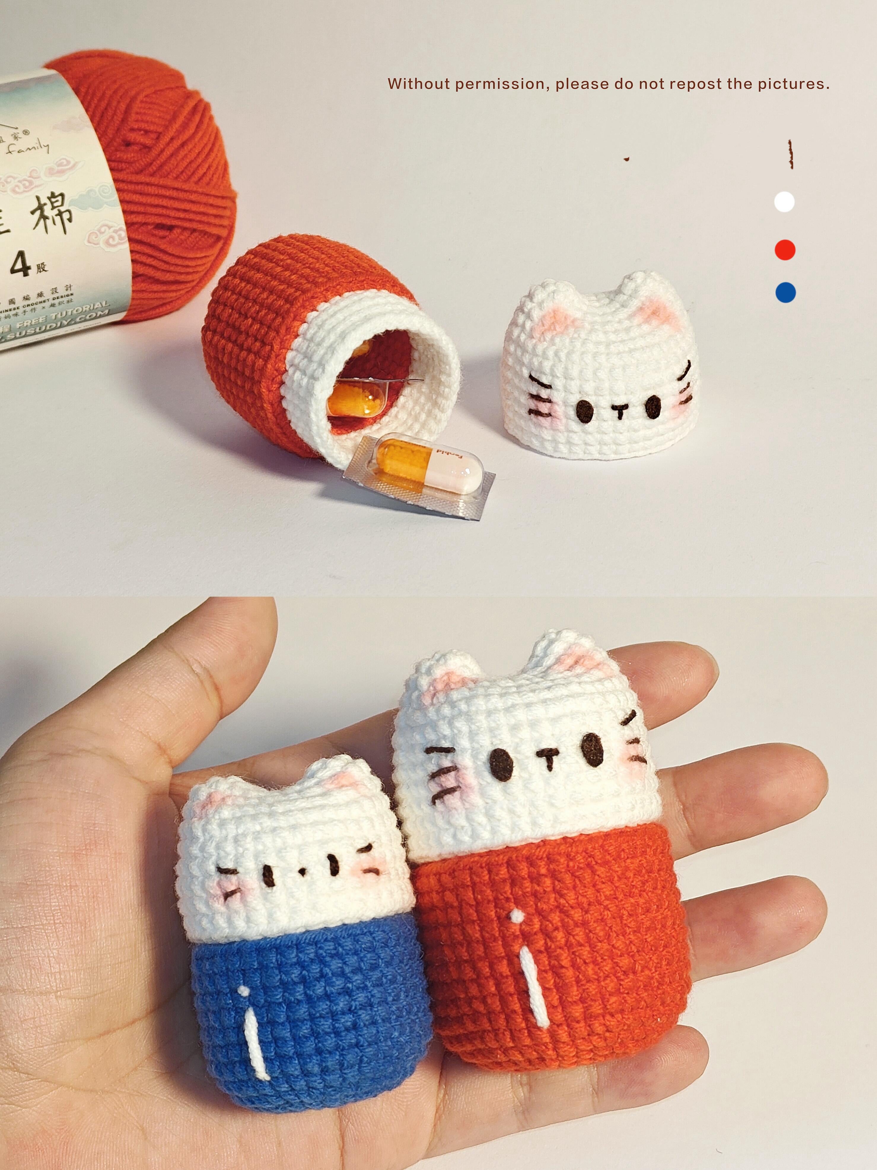 Handmade Crochet Cat Pill Box | Cute Kitty Mini Storage Container | Portable Pill/Jewelry Case (Blue/Orange)