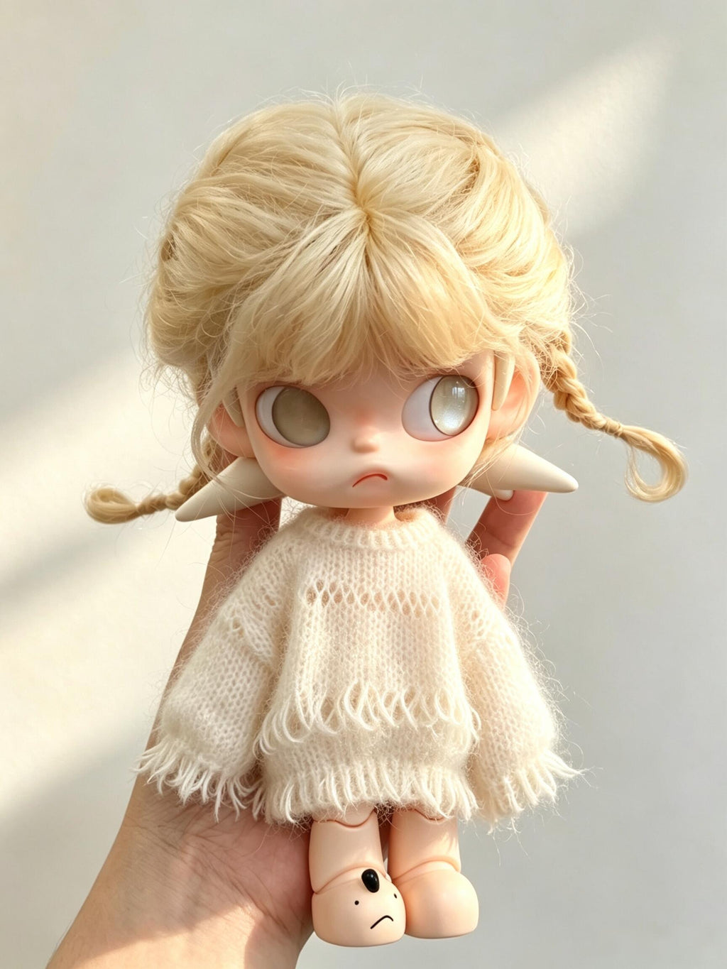 Handmade Crochet Fringe Mohair Doll Sweater | Cream Tassel Hem Knit Sweater for BJD/Blythe Dolls