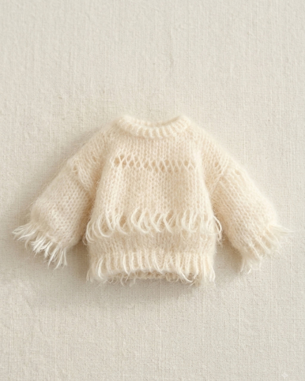 Handmade Crochet Fringe Mohair Doll Sweater | Cream Tassel Hem Knit Sweater for BJD/Blythe Dolls