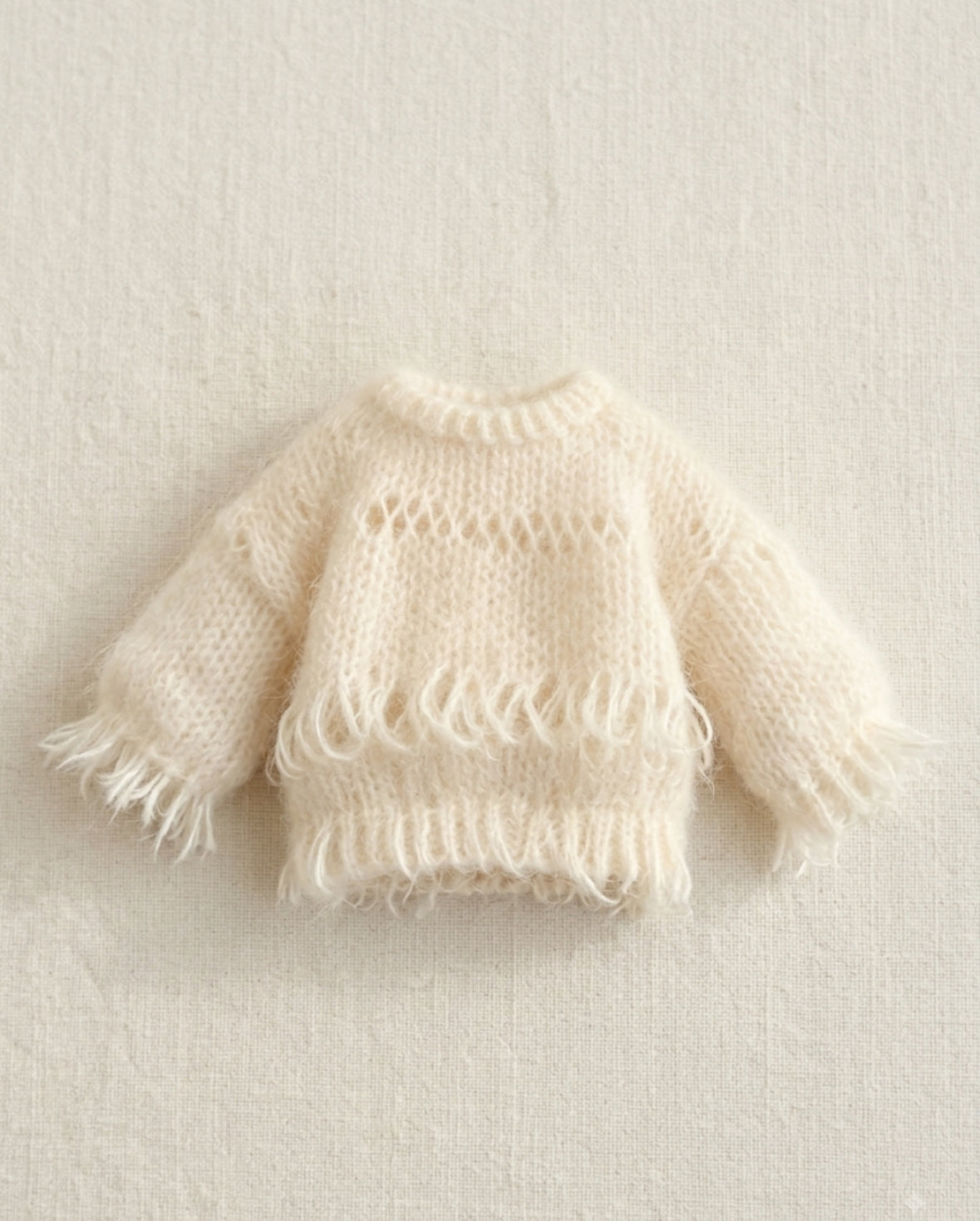 Handmade Crochet Fringe Mohair Doll Sweater | Cream Tassel Hem Knit Sweater for BJD/Blythe Dolls