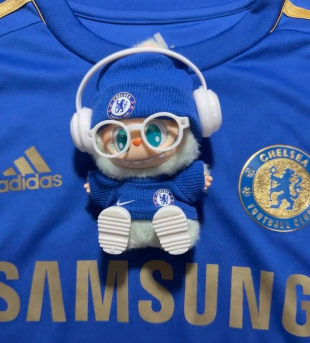Chelsea Soccer Doll Clothing Outfit for 15cm 20cm Plushies Stuff Toys, Mini Football Jersey Uniform Knit Beanie Hat Glasses Headphones Shoes Set, Dolls Accessories for Football Fans Kids Girls