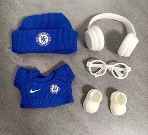 Chelsea Soccer Doll Clothing Outfit for 15cm 20cm Plushies Stuff Toys, Mini Football Jersey Uniform Knit Beanie Hat Glasses Headphones Shoes Set, Dolls Accessories for Football Fans Kids Girls