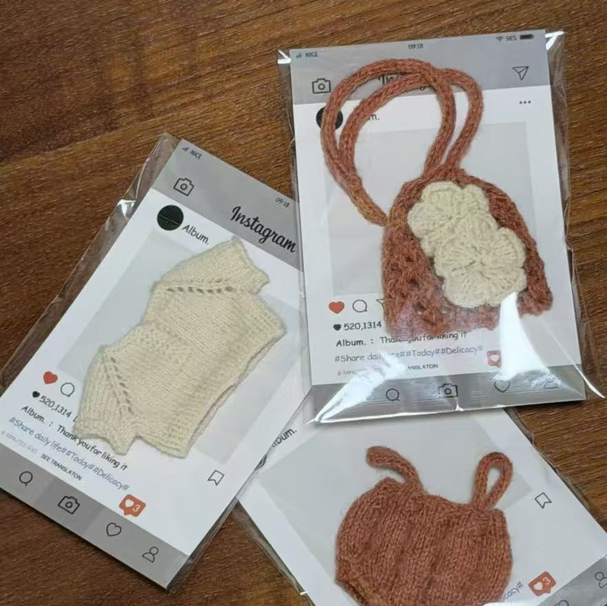 ⁠Handmade Knit Doll Clothes Set - Vintage Suspender Skirt, Knit Shirt & Flower Headband Outfits for 15cm Plush Dolls, Cute Healing Doll Dress Up Accessories Gift⁠