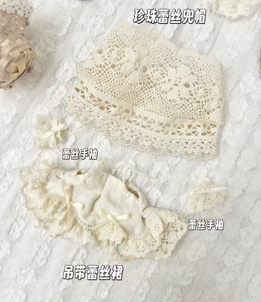 Handmade Lace Lolita Dress Set for 20cm Art Toy Doll – Ivory Cotton Bonnet Hat & Lace Sleeve Cuffs Outfit for Big-Head Designer Dolls