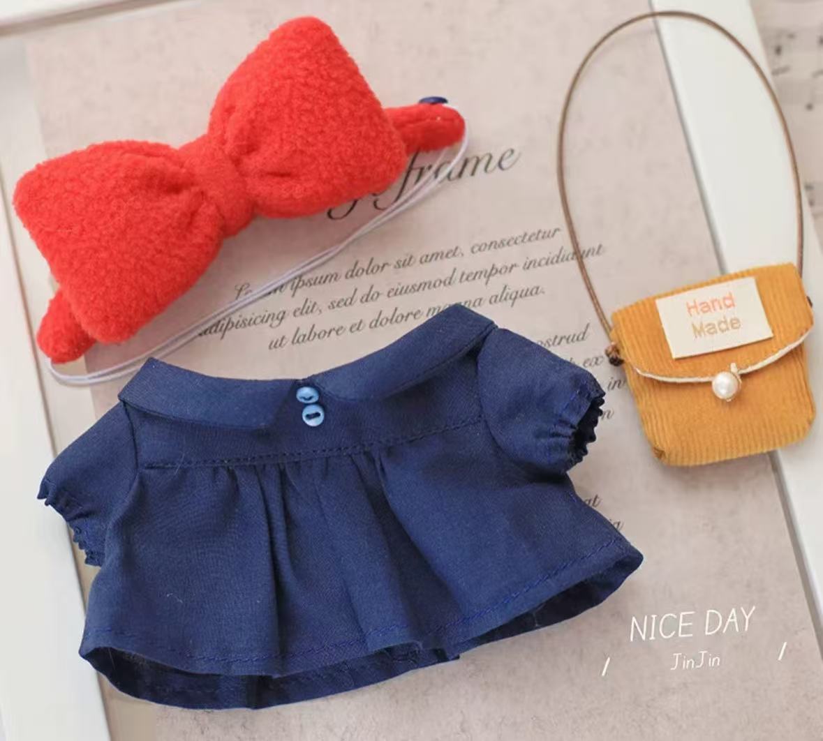 Vintage Navy Dress Doll Outfit Set – Corduroy Crossbody Bag, Red Bow Clip & Mary Jane Shoes (4-Piece Handmade Set)