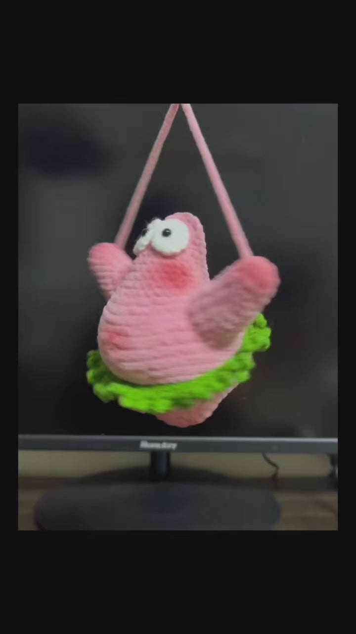Handmade Crochet Patrick Star Keychain Charm, Funny Cute Amigurumi Bag Charm, Soft Knitted Kawaii Pendant, Novelty Gift